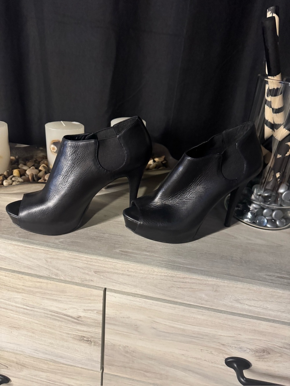 Women’s BCBGeneration Black Peep-Toe Stiletto Booties .